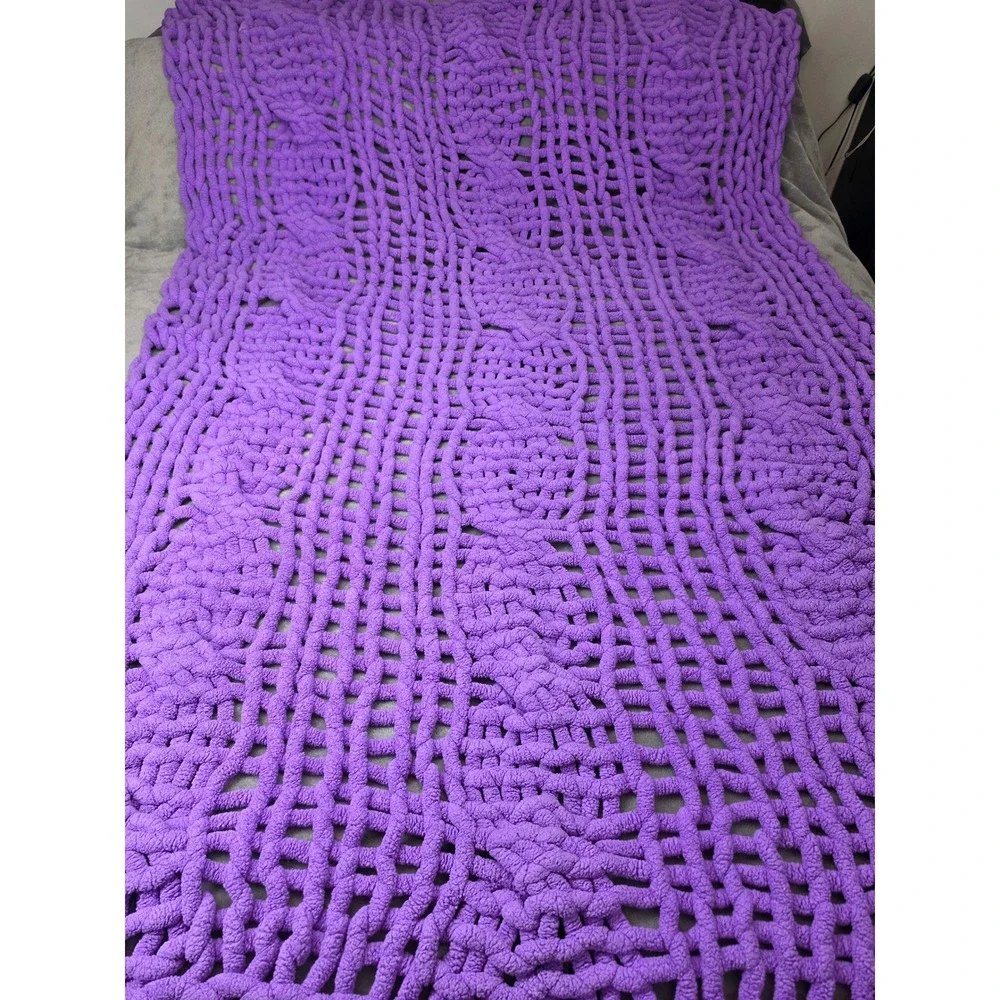 Handmade Chunky Knit Throw‎ Blanket Purple Chenille Cable Knit Soft Cozy